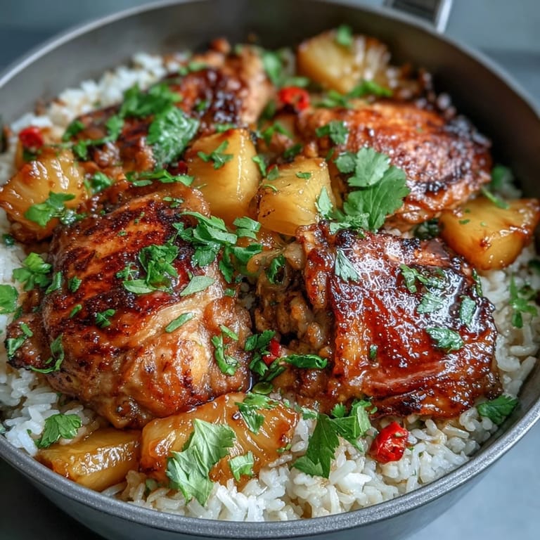 A vibrant baked chicken and rice dish with smoky paprika, sweet pineapple chunks, and fluffy rice, garnished with fresh cilantro and served with lime wedges.