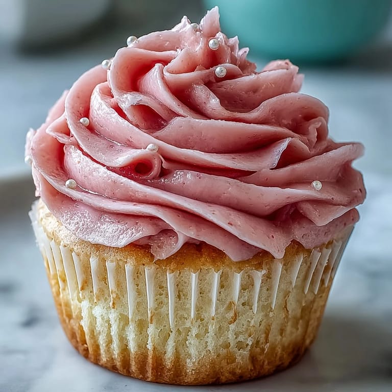Elegant vanilla cupcakes frosted in soft pink buttercream, decorated with edible pearls, perfect for a bridal shower dessert table.  