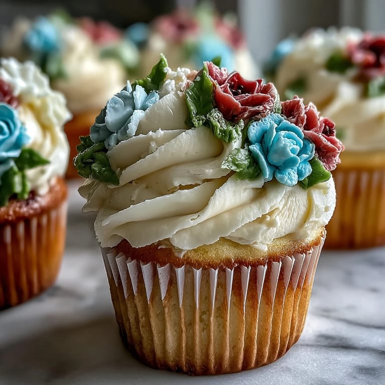 Delightful vanilla cupcakes topped with vibrant buttercream blooms, bringing charm to any baby shower dessert table.