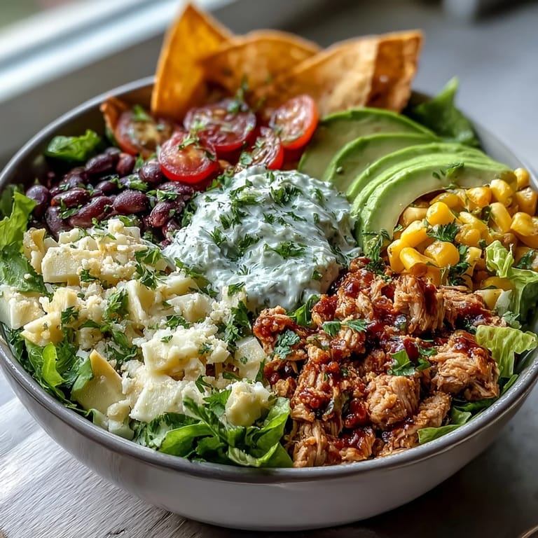 A colorful taco salad bowl featuring seasoned ground turkey, crisp lettuce, black beans, corn, and a tangy Greek yogurt ranch drizzle.  