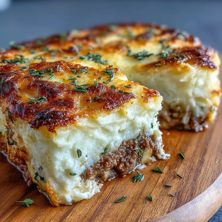 Close-up view of Classic Shepherd's Pie with Cauliflower Mash Topping, creamy cauliflower mash swirled on top with a fork, surrounding a savory lamb and vegetable base.