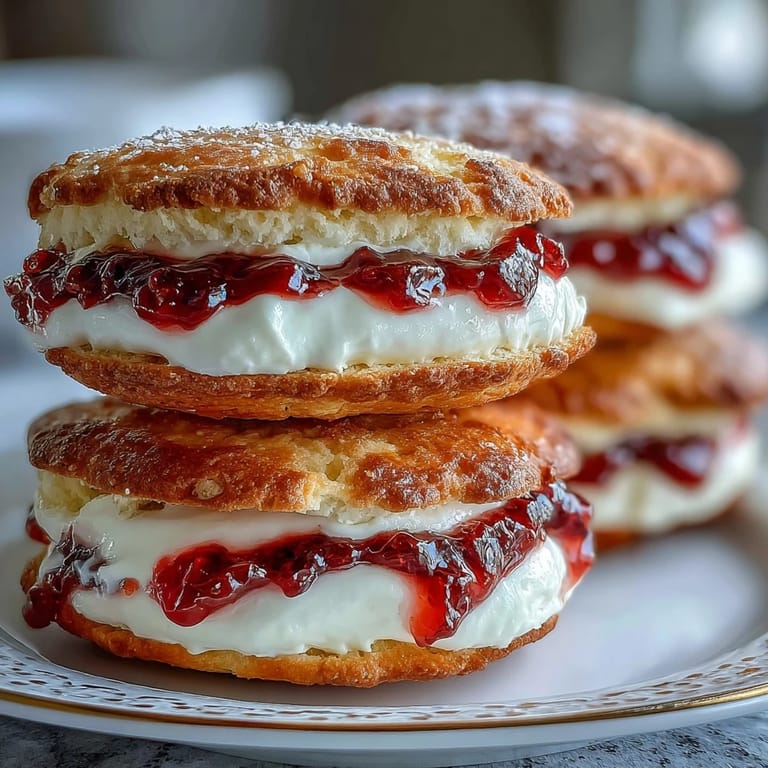 Buttery clotted cream sugar cookies with vibrant strawberry jam centers, ideal for elegant dessert platters or afternoon gatherings.