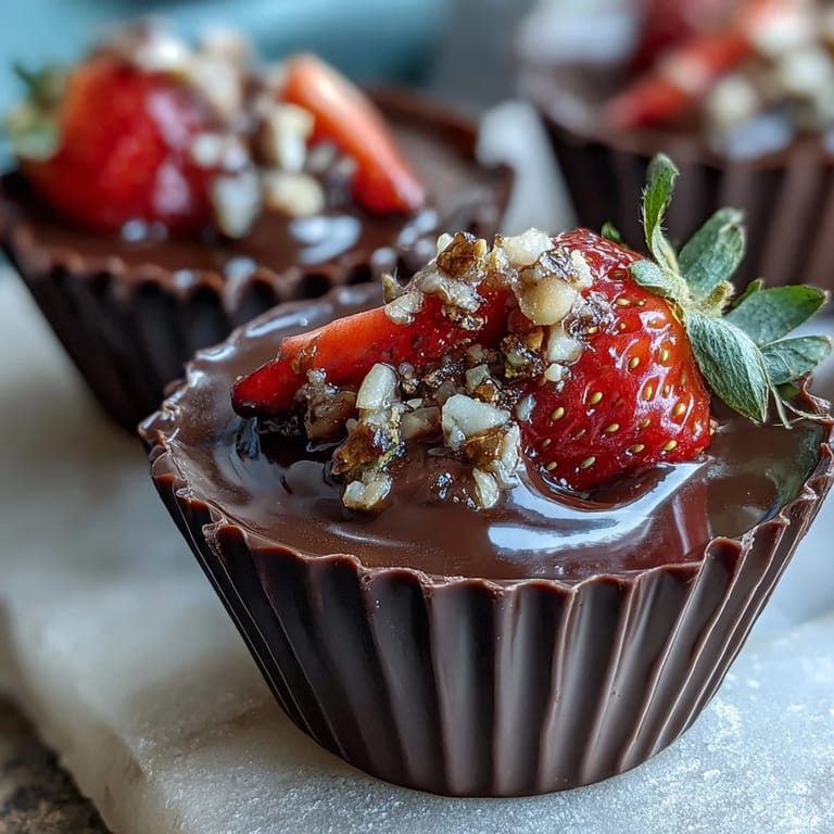 Elegant chocolate cups bursting with fresh strawberries, crowned with caramelized pistachio bits for a Middle Eastern-inspired treat.