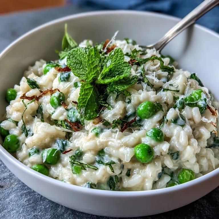 Velvety risotto with fresh peas, mint, and Parmesan, finished with lemon zest and a sprinkle of cheese, creating an inviting main course for a memorable dinner party.