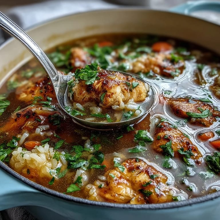 A hearty bowl of Easy Chicken and Rice Soup, featuring fluffy rice, juicy chicken, and fresh parsley for a comforting meal.