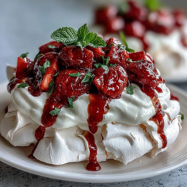 Delicate meringue shell with crisp edges and soft center, crowned with billowy vanilla whipped cream and fresh strawberry slices.