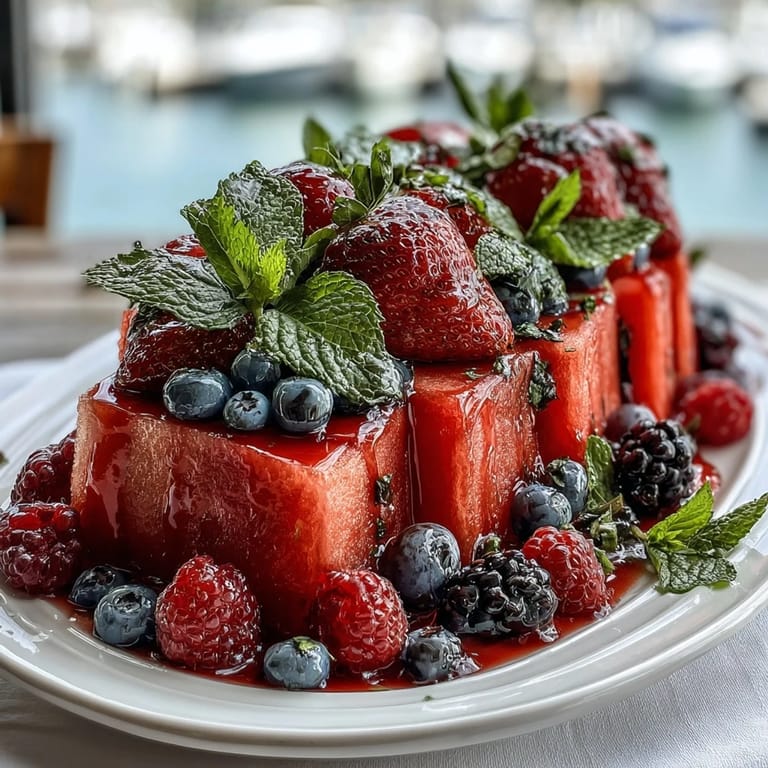 Elegant carved watermelon filled with juicy berries and mint, a refreshing and colorful centerpiece for brunches or outdoor gatherings.