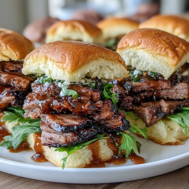 Tender, slow-roasted brisket drenched in rich BBQ sauce, topped with crunchy cabbage slaw on golden slider buns.