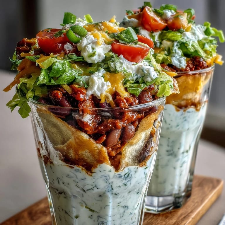 Layered taco dip cups featuring creamy cheese mixture, fresh lettuce, tomatoes, and olives, topped with cheddar and green onions for a vibrant appetizer.