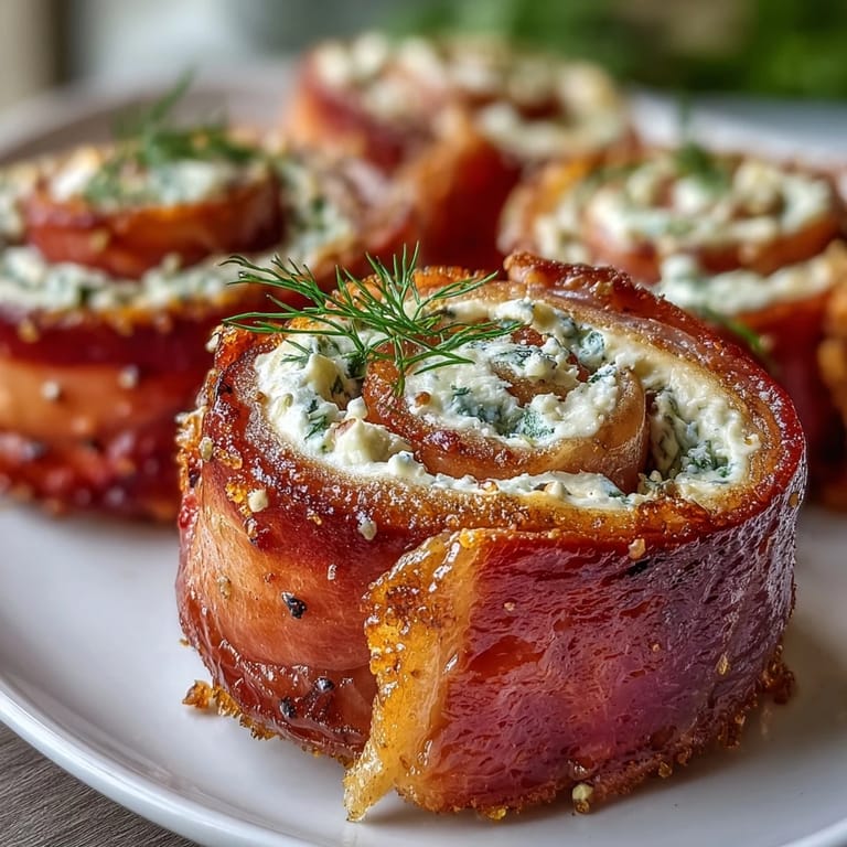 Close-up of ham, cream cheese, and pickle pinwheels with creamy swirls and crisp pickle centers, ideal for quick, gluten-free bites.