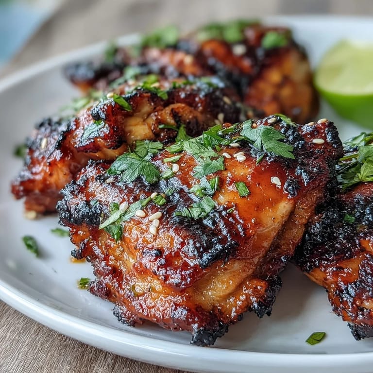 Juicy grilled chicken thighs coated in a vibrant honey sriracha marinade, caramelized to golden perfection with smoky grill flavors.