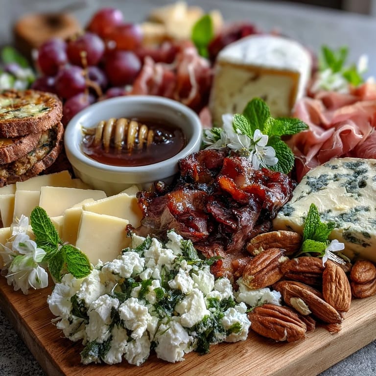 Elegant charcuterie board featuring edible flowers, fresh fruits, and a variety of meats and cheeses for spring entertaining.  
