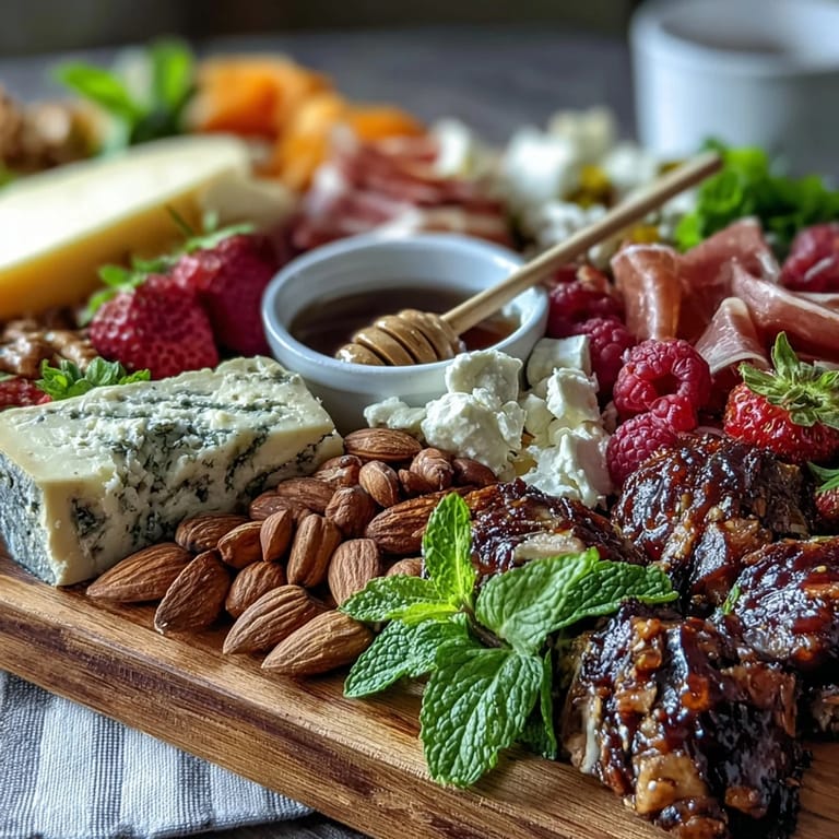 Beautiful spring charcuterie board with edible flowers, fresh fruits, cured meats, and cheeses, perfect for festive gatherings.