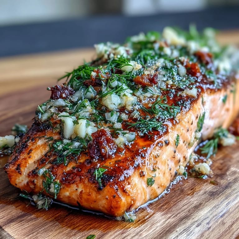 Cedar Plank Salmon with Garlic Dill, garnished with fresh dill and lemon, served hot from the grill with a smoky, herb-infused finish.