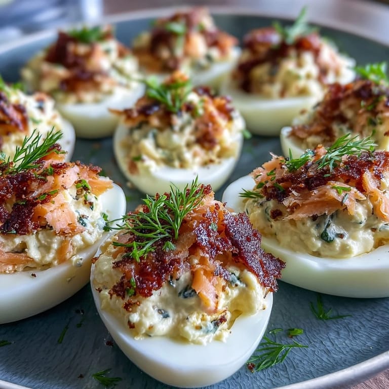 Smoked salmon deviled eggs garnished with everything seasoning and fresh dill, perfect for elegant gatherings.