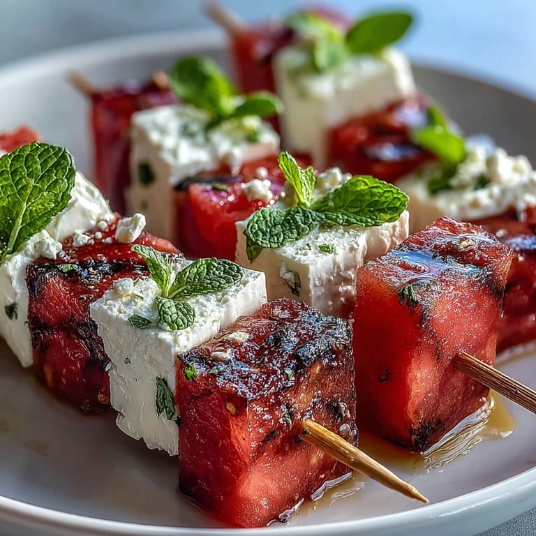 Refreshing watermelon feta mint skewers drizzled with olive oil and balsamic glaze, perfect for parties.  