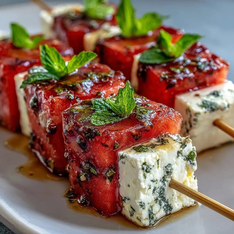 Colorful watermelon feta mint skewers with aromatic herbs, ideal for light vegetarian appetizers or snacks.