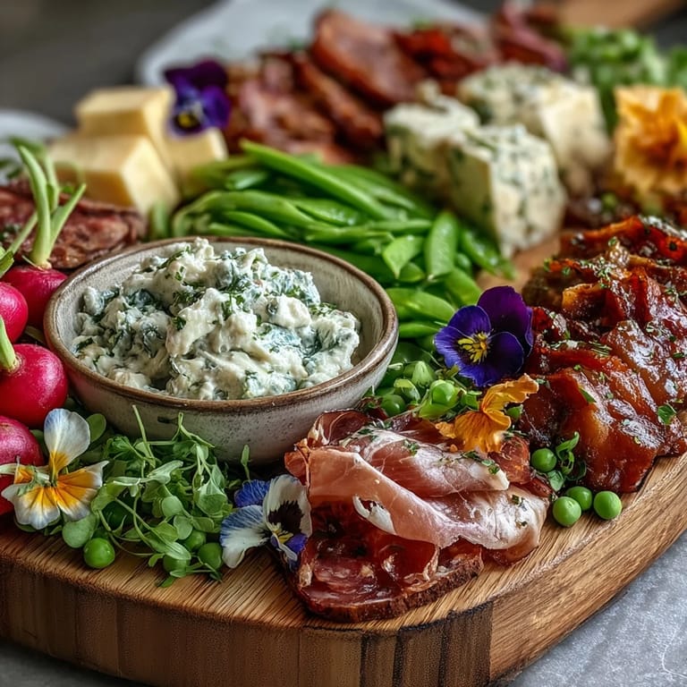 Vibrant spring charcuterie board with radishes, peas, and herb dip, showcasing fresh produce and assorted cheeses.