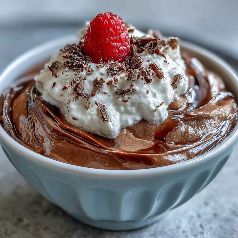 Silky cottage cheese chocolate mousse garnished with shaved dark chocolate, offering a rich, protein-packed treat in elegant serving glasses.