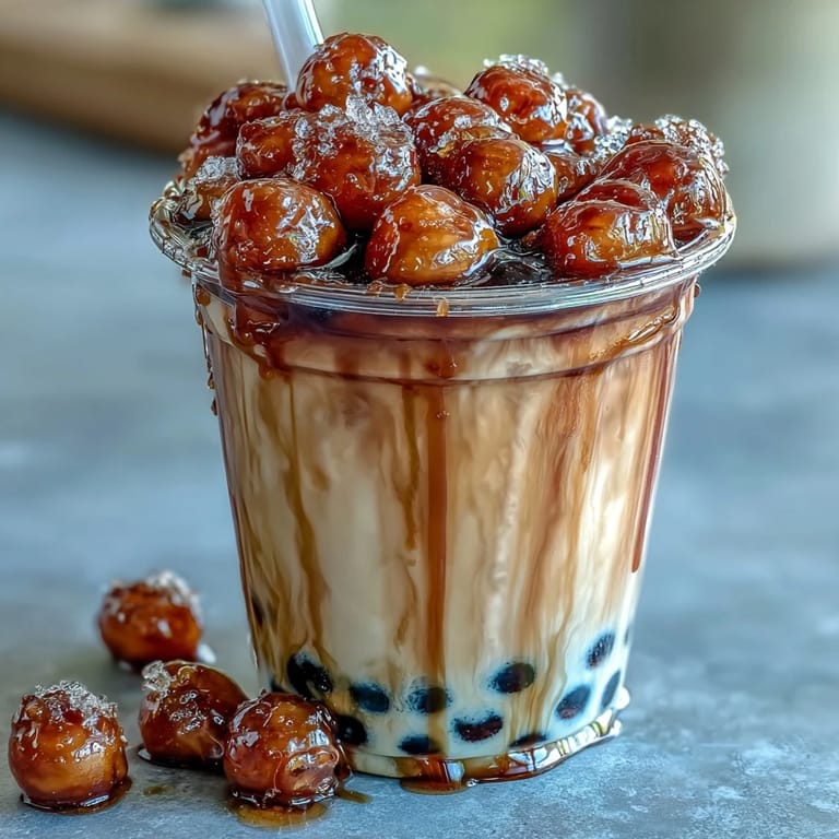 Homemade brown sugar tapioca pearls glisten in a tall glass of chilled black milk tea, perfectly sweet and refreshing.  