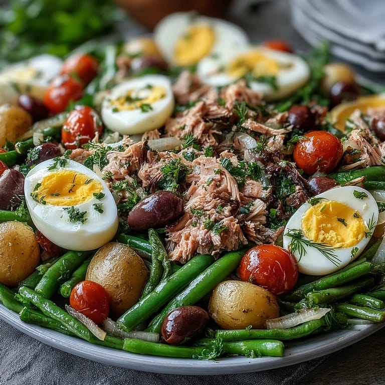 Classic French Niçoise salad with oil-packed tuna, crisp vegetables, and creamy eggs, served on fresh greens with tangy dressing.