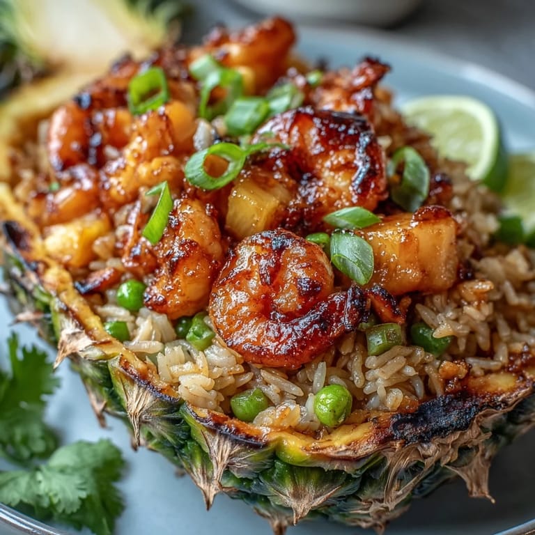 Thai-style pineapple fried rice featuring fragrant jasmine rice, crunchy cashews, and sweet pineapple, garnished with fresh cilantro.  
