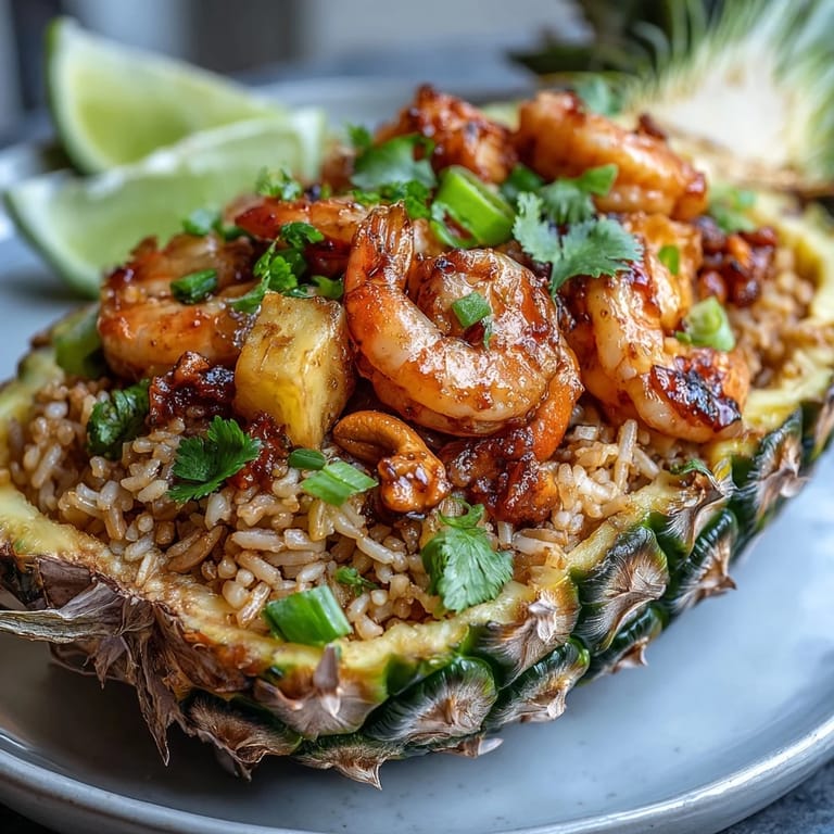 Homemade pineapple fried rice with savory shrimp, crisp vegetables, and tropical pineapple served in an edible pineapple boat.