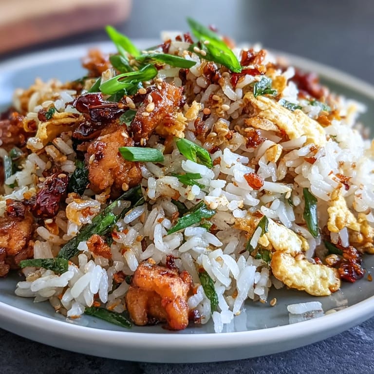Fluffy jasmine rice stir-fried with eggs, chili crisp, and scallions, delivering a bold, spicy twist on classic fried rice.