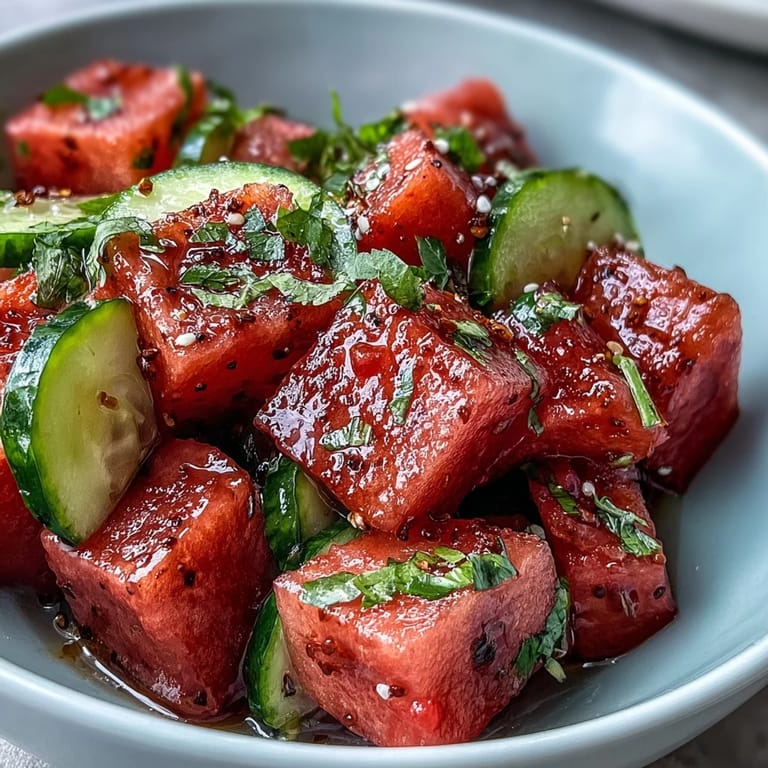 Vibrantly crisp watermelon cucumber salad, seasoned with zesty Tajin and lime for summer.