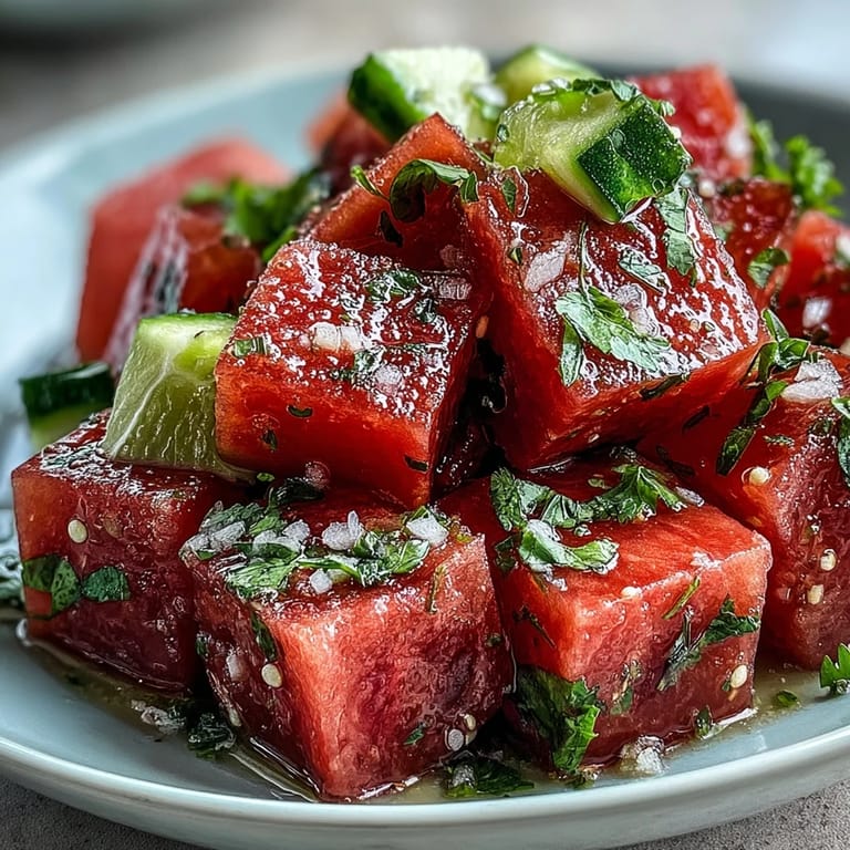 Refreshing watermelon cucumber salad, a perfect, easy side dish bursting with flavor.