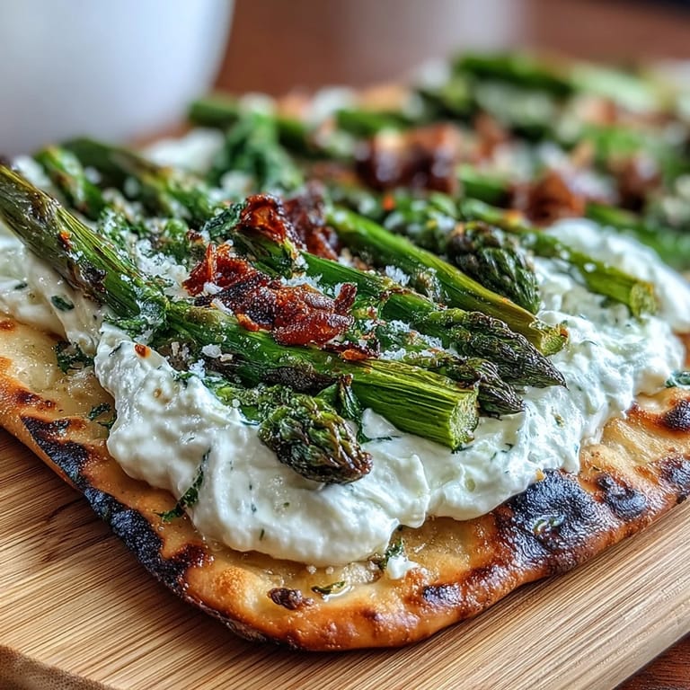 Italian-inspired flatbread showcases tender roasted asparagus, burrata, and fresh basil with lemon.