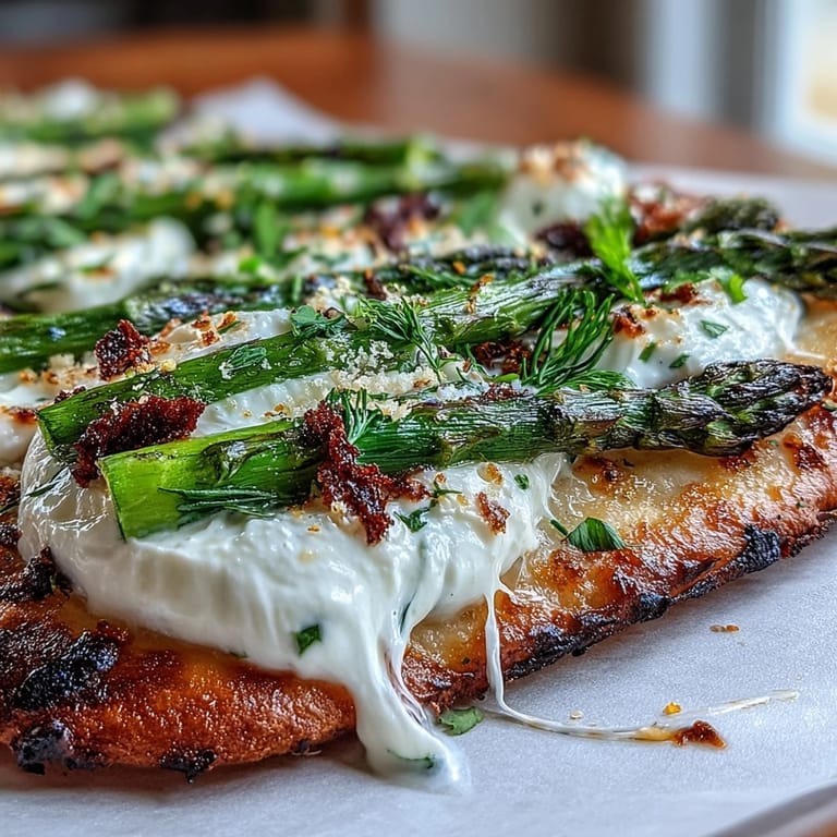 Creamy burrata crowns this crispy Roasted Asparagus Flatbread, perfect for appetizer enjoyment.