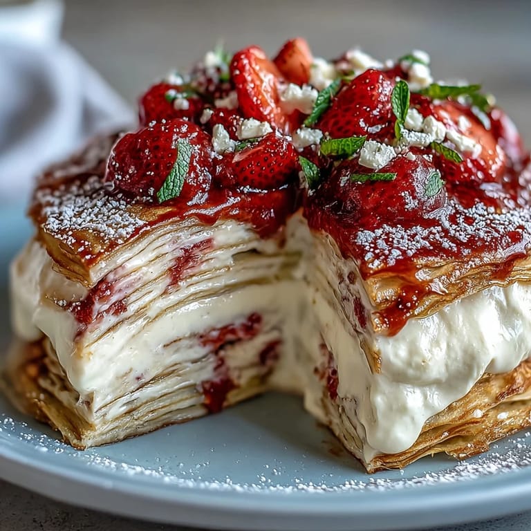 A beautiful Mother's Day Crêpe Cake, elegantly layered with fruit and cream.