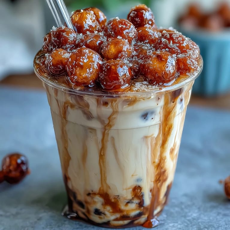Layers of smooth milk tea, dark brown sugar syrup, and soft boba pearls create a stunning bubble tea masterpiece.