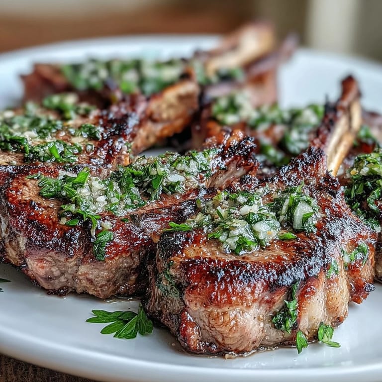 Close-up of tender lamb chops sizzling in a hot skillet, infused with garlic and herb gremolata aroma.