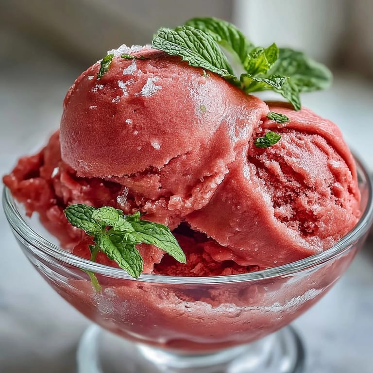 Frozen watermelon sorbet, delightfully simple, scooped into a bowl on a sunny day.