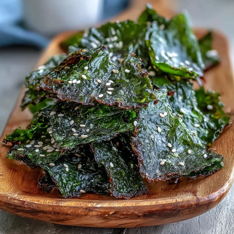 Savory seaweed snack chips, dusted with sesame seeds and flaky sea salt.