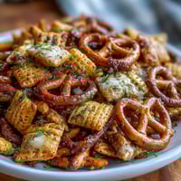 Crispy Dill Pickle Chex Mix snack with tangy dill seasoning, crunchy pretzels, and bagel chips, perfect for movie nights or parties.