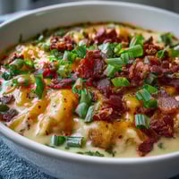 A hearty bowl of St. Patrick's Day loaded baked potato soup with crispy bacon and melted cheddar, perfect for a cozy meal.