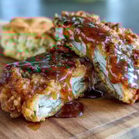 Crispy Southern fried chicken with golden crust and honey butter biscuits on a rustic wooden table.