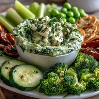 Fresh green snack board with cucumber, snap peas, and creamy avocado ranch dip for healthy entertaining.