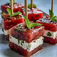 Juicy watermelon, creamy feta, and fresh mint arranged on skewers for a vibrant summer appetizer.  