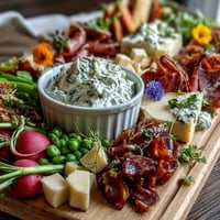 Fresh spring charcuterie board with radishes, peas, and herb dip, featuring colorful vegetables and savory meats.  